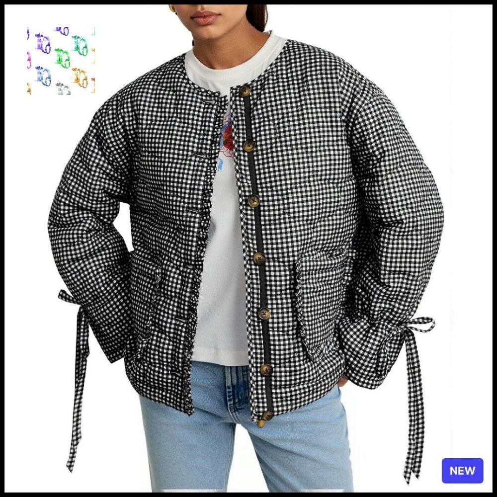 Cropped Quilted Puffer Jacket Lightweight Plaid Button Down Bow Chic